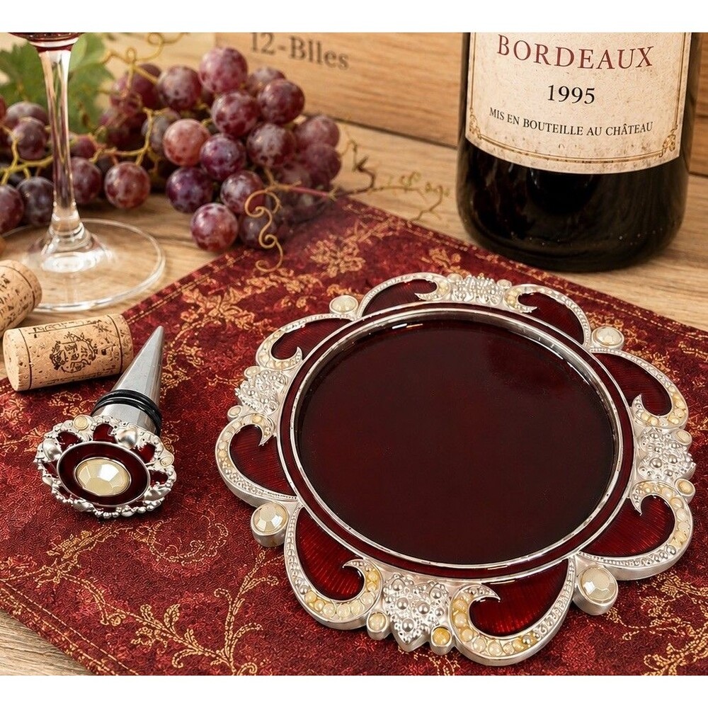 Bombay Scarlett Wine Coaster & Bottle Stopper Set Red Enamel Silver Tone Gift